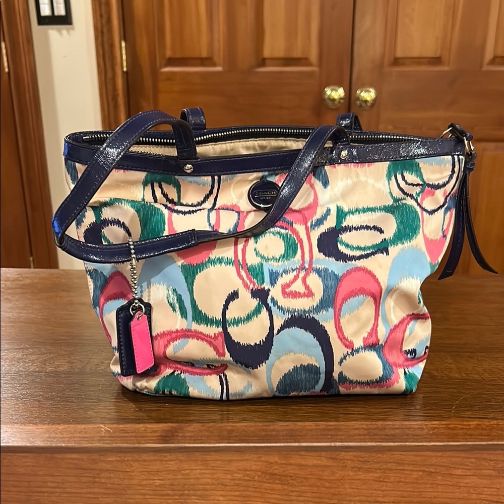Unique and vintage Coach Blue and Pink Shoulder Bag with Structured Design